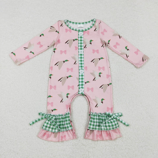 LR1689 Duck bow pattern Green plaid lace pink long-sleeved onesie