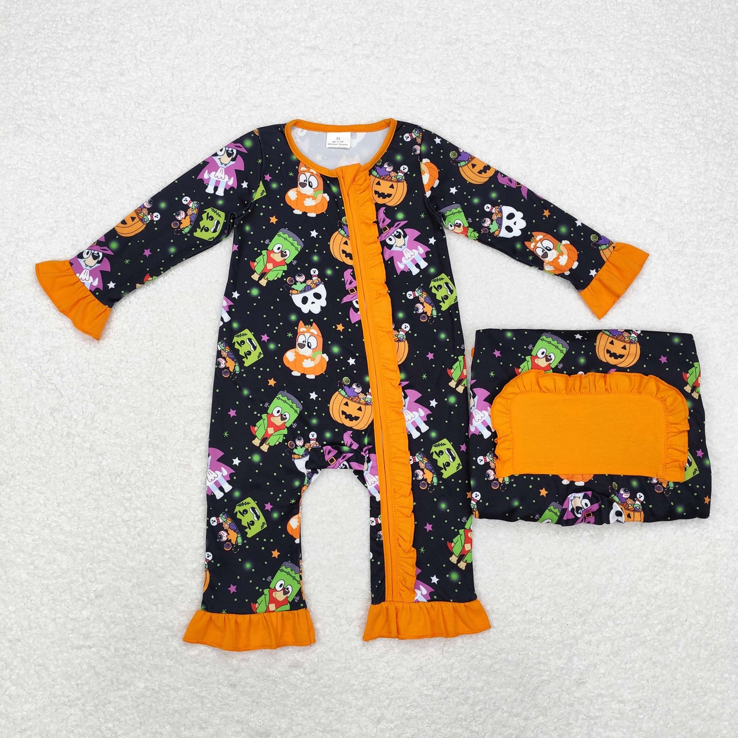 LR1694 bluey Halloween Pumpkin Star Lace black orange zip-up long sleeve onesie