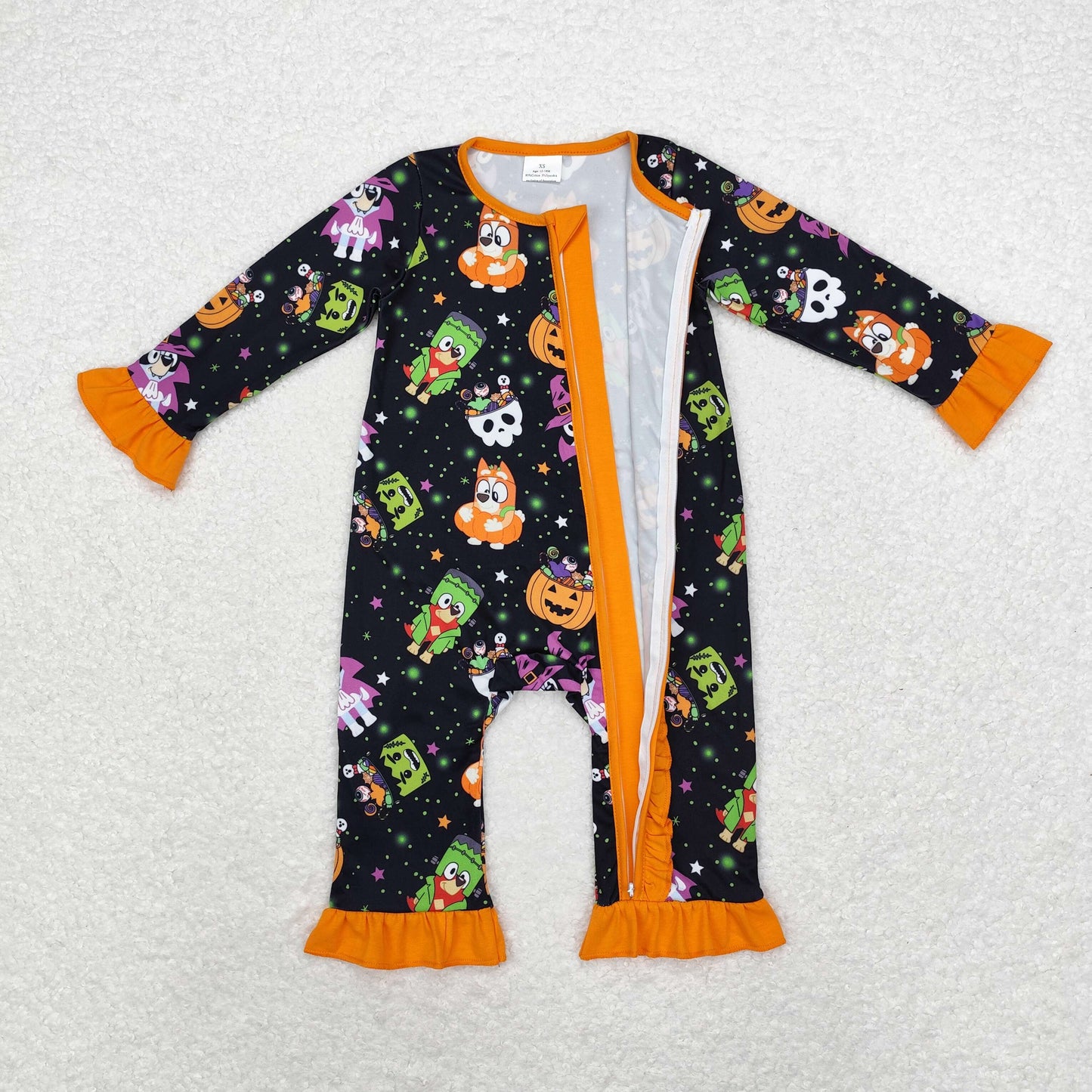 LR1694 bluey Halloween Pumpkin Star Lace black orange zip-up long sleeve onesie