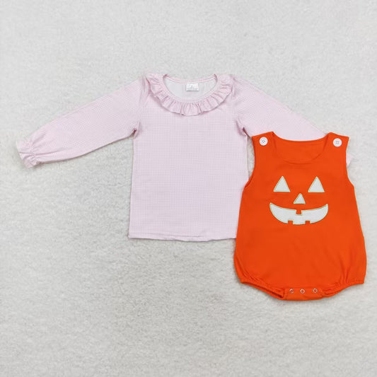 LR1703 Pink plaid lace long sleeve Halloween smiley orange vest onesie set