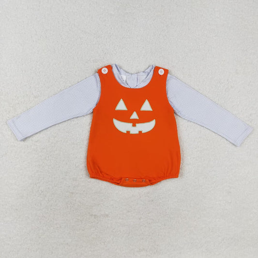 LR1704 Blue plaid doll collar long sleeve Halloween smiley orange vest onesie set