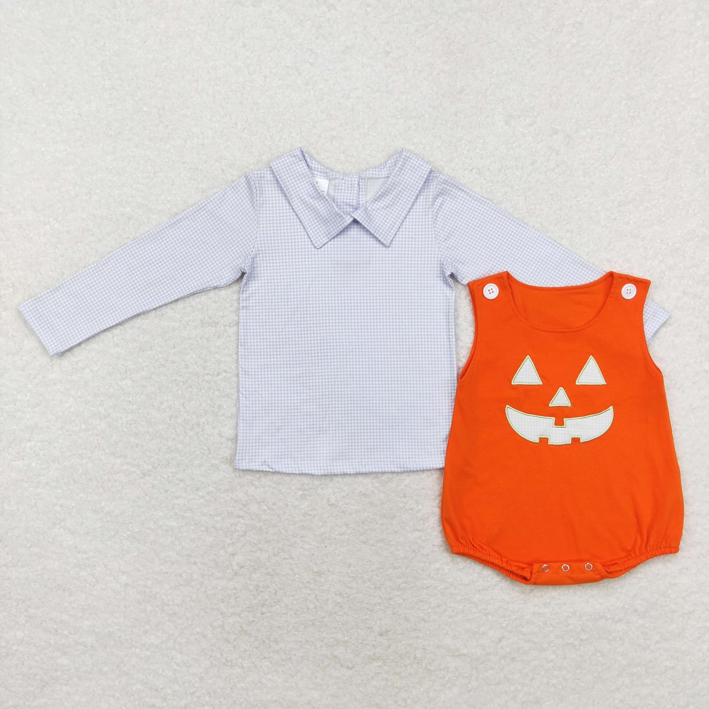 LR1704 Blue plaid doll collar long sleeve Halloween smiley orange vest onesie set