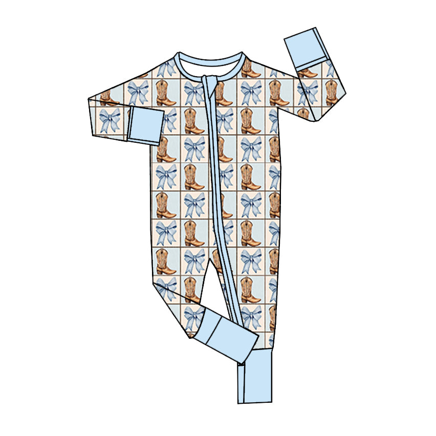 Preorder LR1722 Boots bow pattern plaid blue zipper long-sleeved onesie