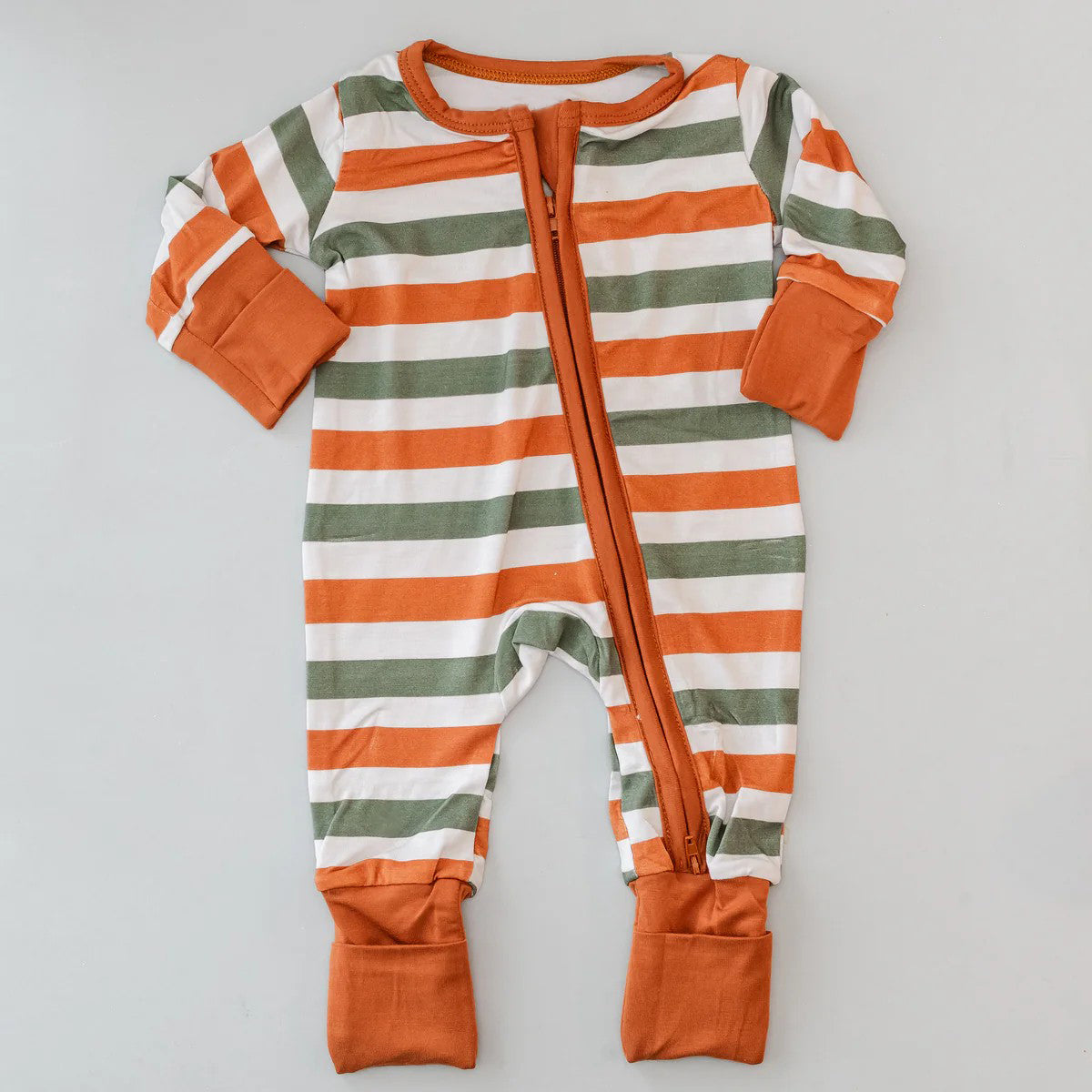 Preorder  LR1732 Green orange striped white zip-up long-sleeved onesie