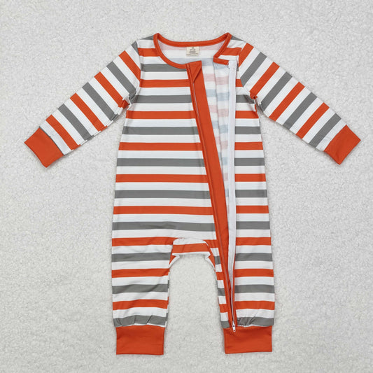 LR1732 Bamboo Pajamas Orange Stripe Zip Long Sleeve Boys Romper RTS 20241129