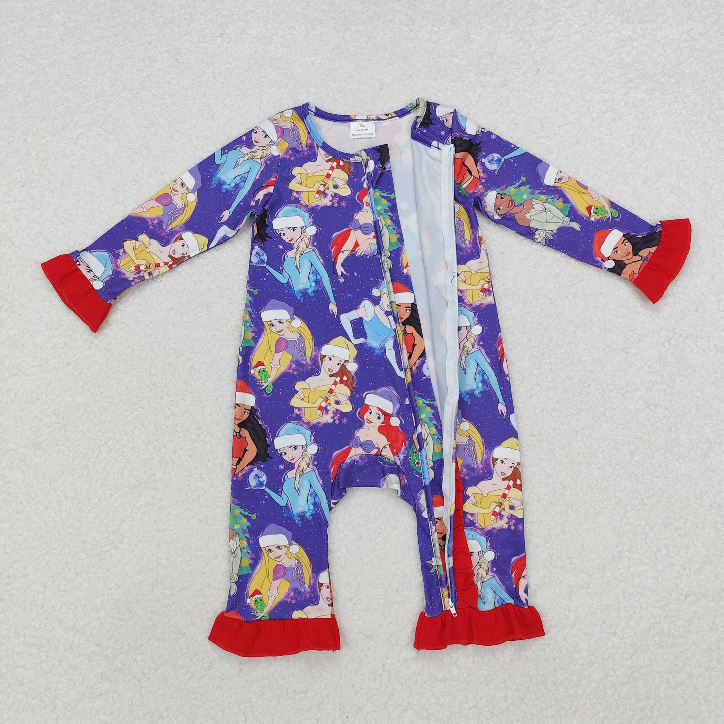 LR1741 Christmas Princess Red Ruffle Purple Zipper Long Sleeve Girls Romper RTS 202509