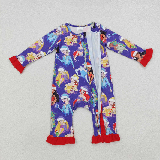 LR1741 Christmas Princess Red Ruffle Purple Zipper Long Sleeve Girls Romper RTS 202509