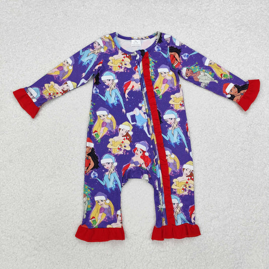 LR1741 Christmas Princess Red Ruffle Purple Zipper Long Sleeve Girls Romper RTS 202509