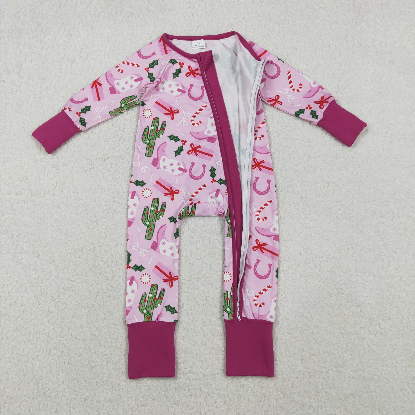 LR1742 Christmas Cactus Boots Pink Purple Zip Long Sleeve Girls Romper 202511 RTS