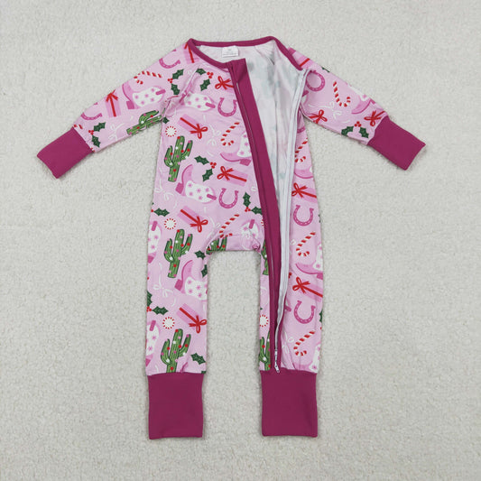 LR1742 Christmas Cactus Boots Pink Purple Zip Long Sleeve Girls Romper 202511 RTS