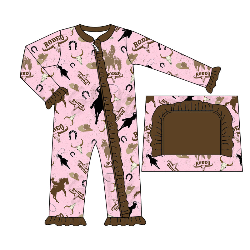 Preorder LR1755 rodeo Riding Alpine bull Head Brown lace pink zipper long-sleeved onesie