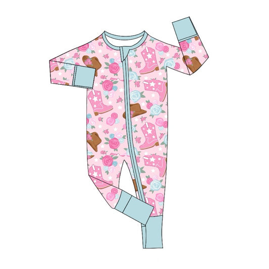 Preorder LR1756 Flower boots hat Blue border pink zipper long-sleeved onesie