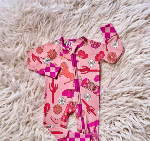 Preorder LR1757 Cactus horse boots Cowboy hat Flower plaid pink zip-up long-sleeved onesie