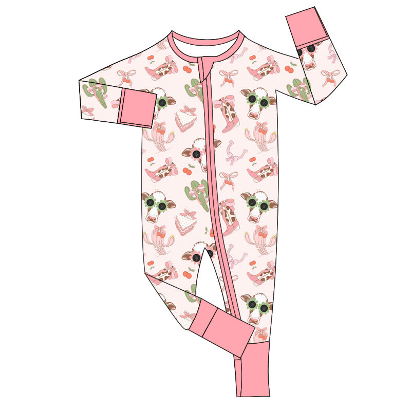 Preorder LR1760 Cactus glasses cow bow boots Pink zipper long-sleeved onesie