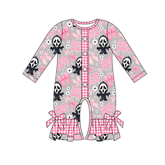 Preorder LR1762 boo Mask Flower bow pattern plaid lace gray long-sleeved onesie