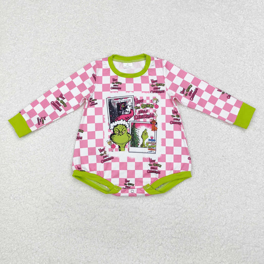 LR1765 grinch Christmas pink and white checked long-sleeved onesie