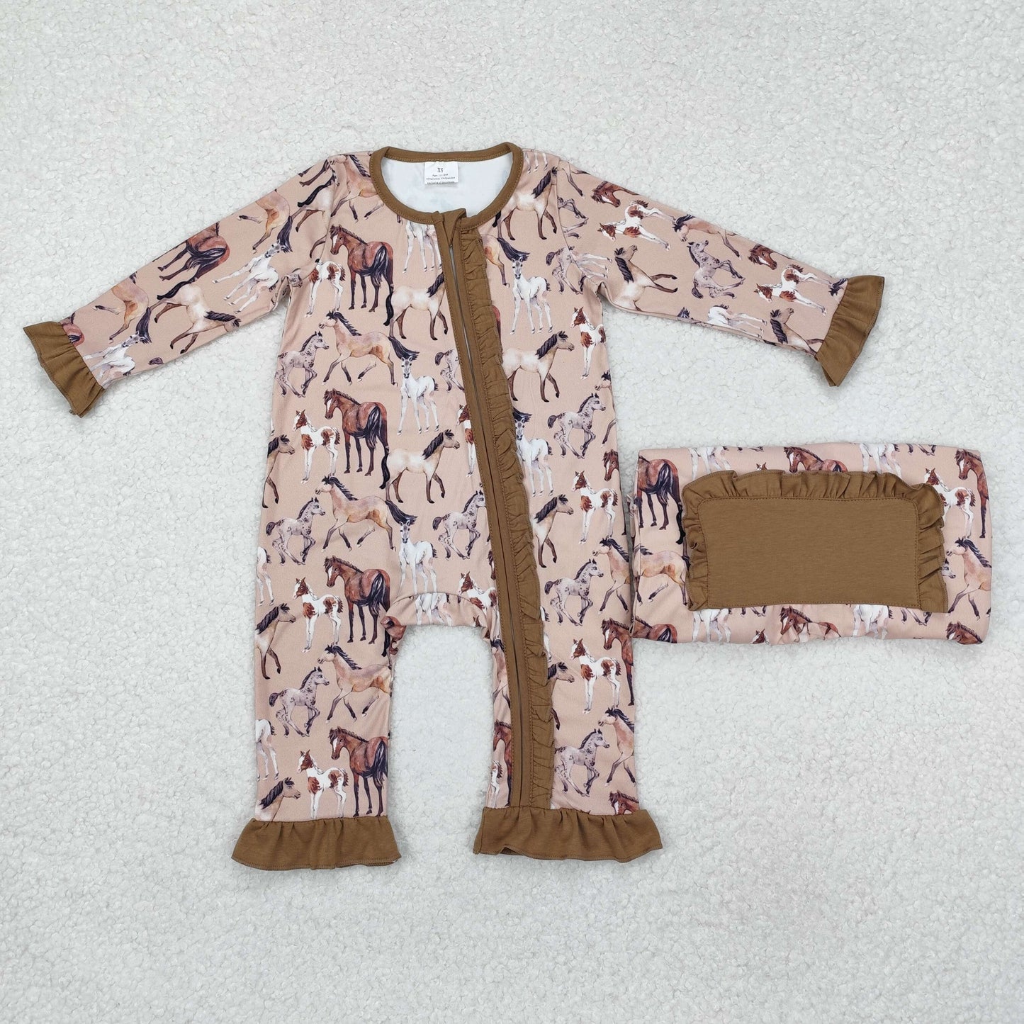 LR1771 Steed Brown Ruffle Zip Long Sleeve Girls Romper RTS 20241127