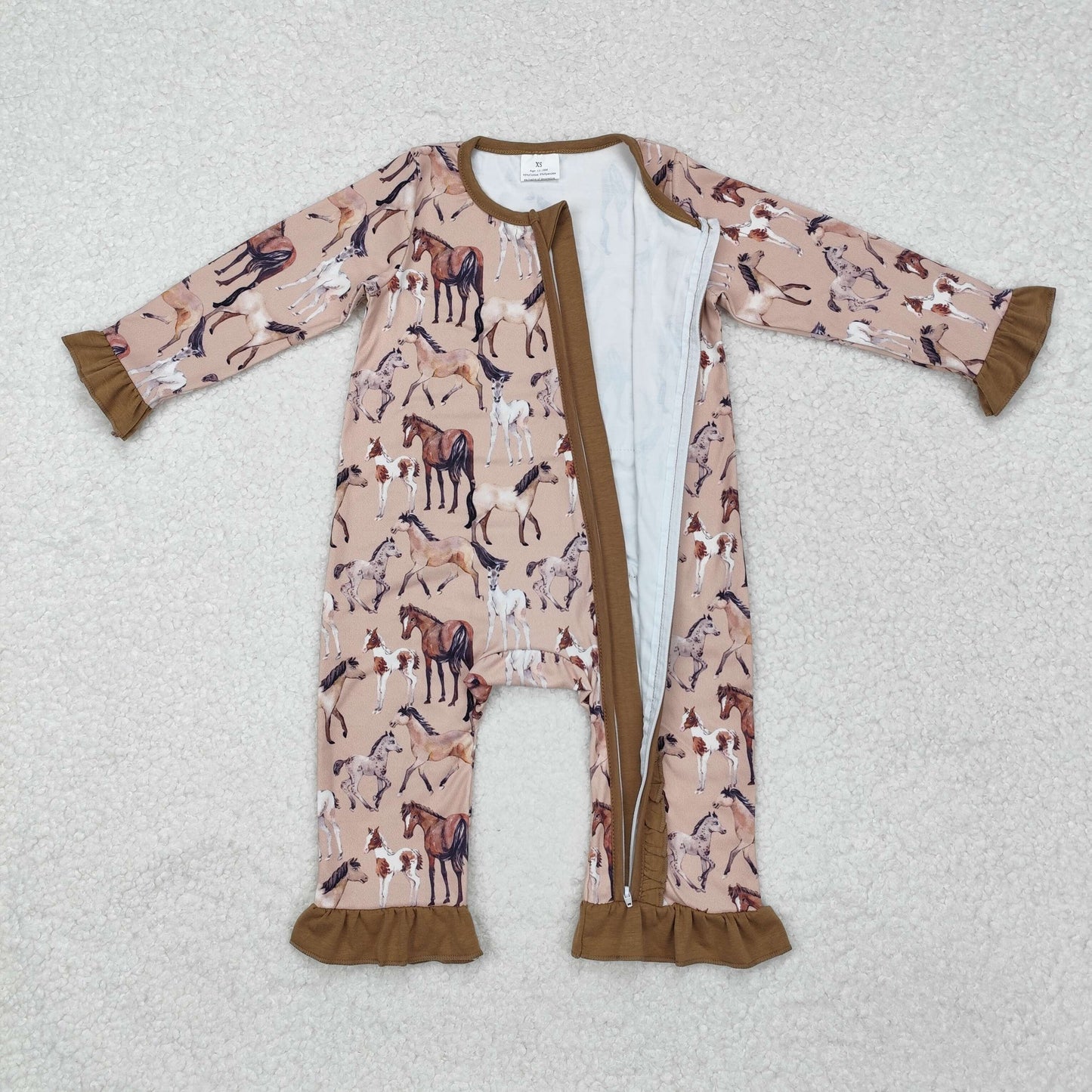 LR1771 Steed Brown Ruffle Zip Long Sleeve Girls Romper RTS 20241127