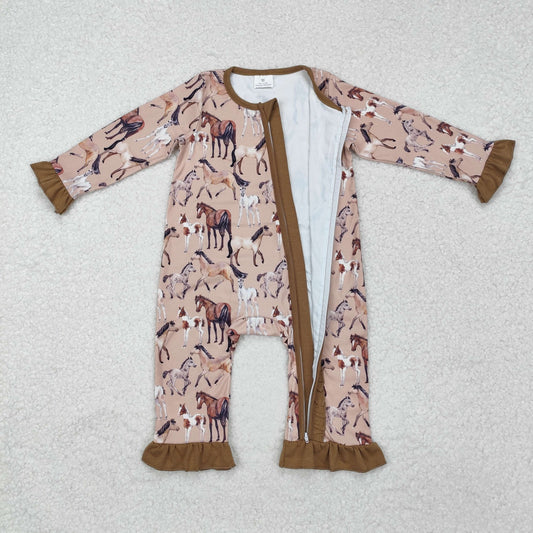 LR1771 Steed Brown Ruffle Zip Long Sleeve Girls Romper RTS 20241127