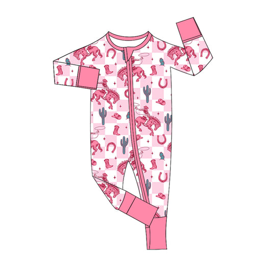 Preorder LR1773 Riding cactus checkered pink zip-up long-sleeved onesie