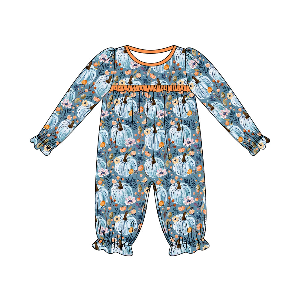 Preorder LR1775 Pumpkin flower orange lace blue long sleeve onesie