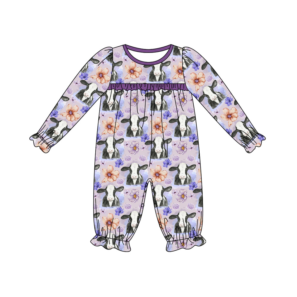 Preorder LR1776 Cow flower purple lace long sleeve onesie