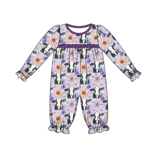 Preorder LR1776 Cow flower purple lace long sleeve onesie