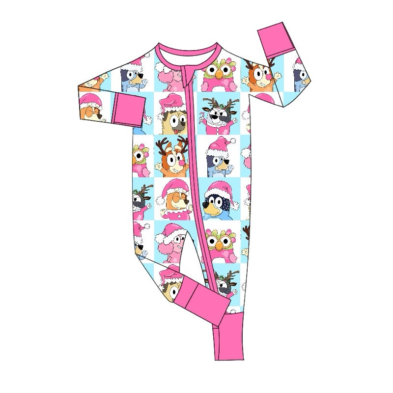 Preorder LR1783 bluey Christmas pink trim blue and white checkered zipper long-sleeved onesie