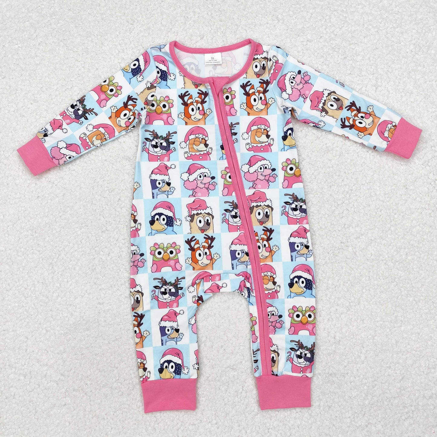 LR1783 Cartoon Bluey Christmas Pink Plaid Zipper Long-Sleeved Girls Romper RTS 202509