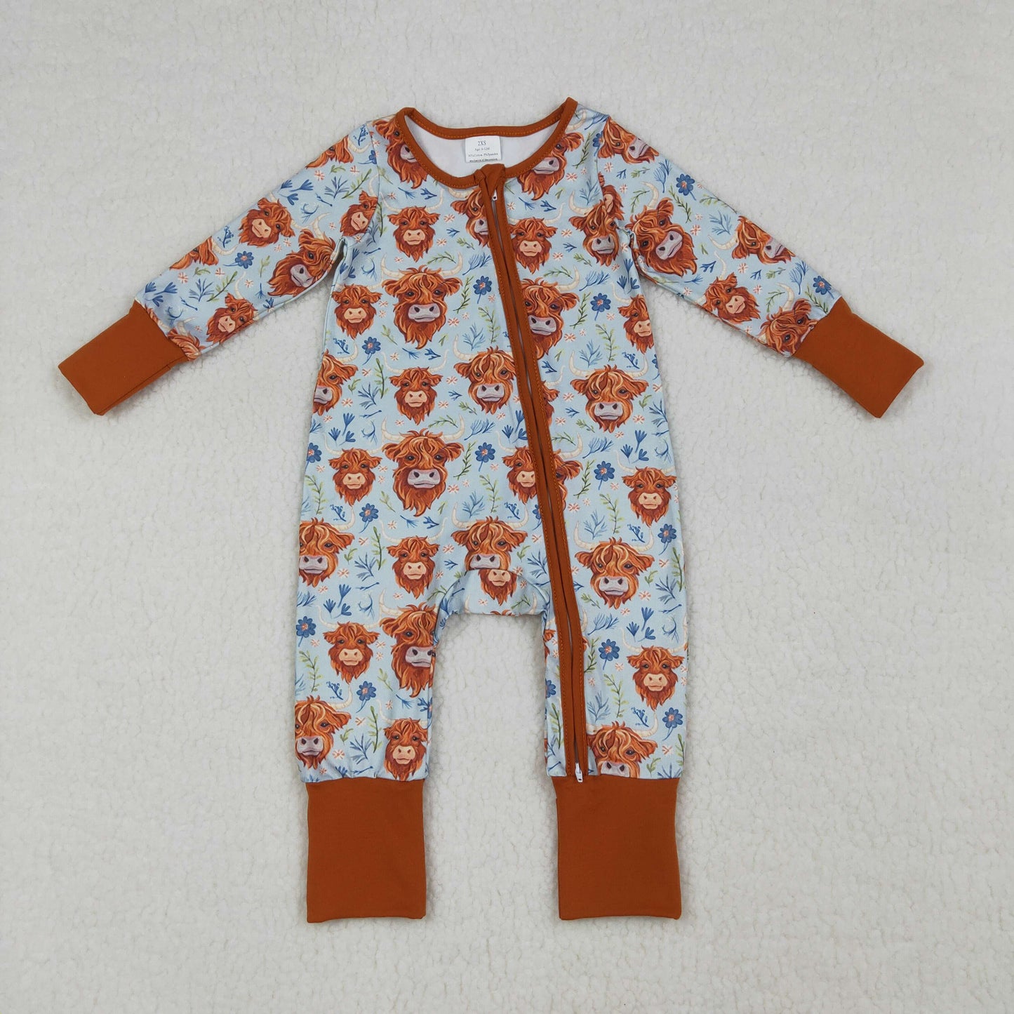 LR1787 Highland Cow Flower Brown Zip Long Sleeve Girls Romper 202604 RTS