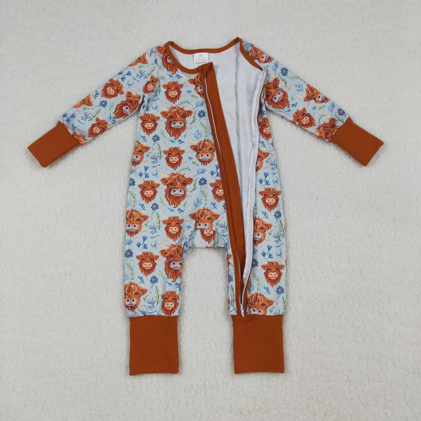 LR1787 Highland Cow Flower Brown Zip Long Sleeve Girls Romper 202604 RTS