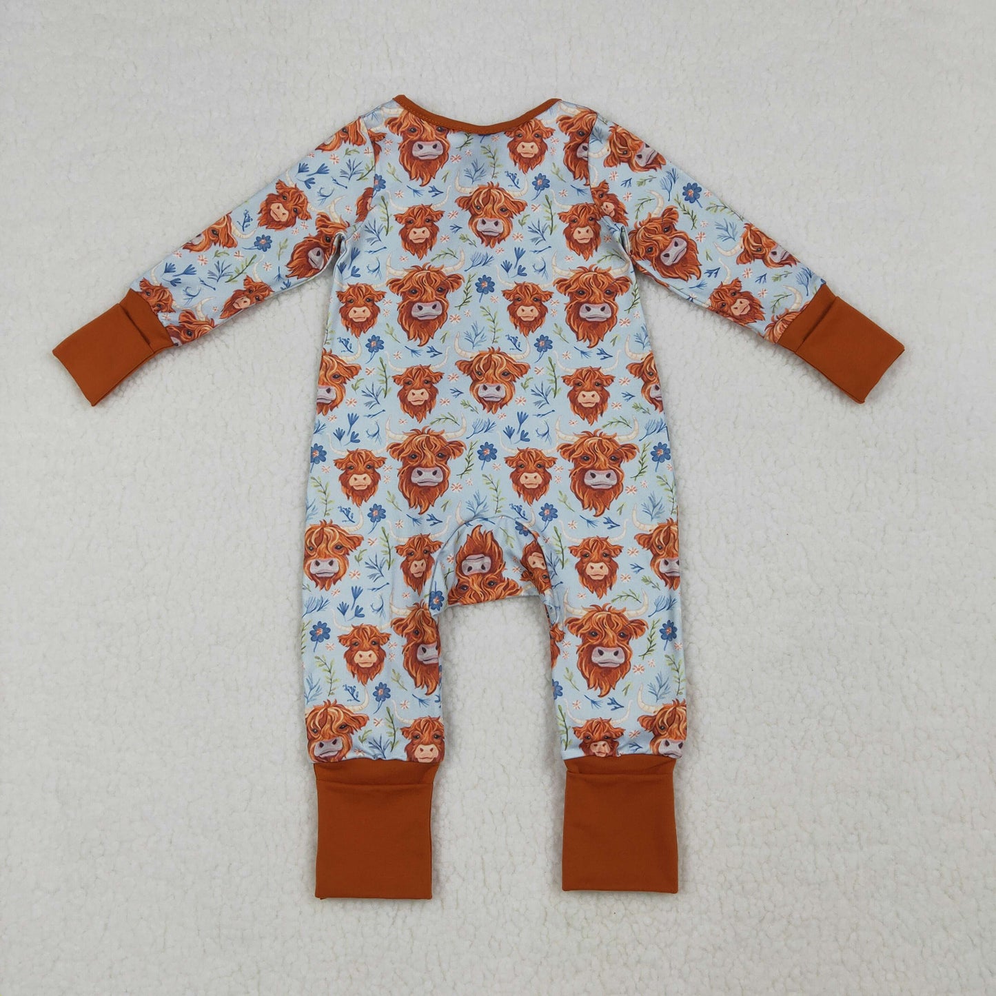 LR1787 Highland Cow Flower Brown Zip Long Sleeve Girls Romper 202604 RTS