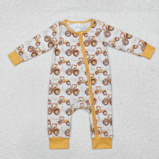 LR1789 Trucks Pattern Orange Zippy Long Sleeve Boys Bamboo Pajamas Romper RTS US Free Shipping Over $100