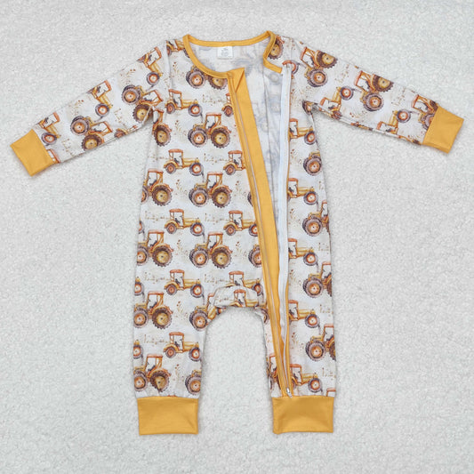 LR1789 Trucks Pattern Orange Zippy Long Sleeve Boys Bamboo Pajamas Romper RTS US Free Shipping Over $100