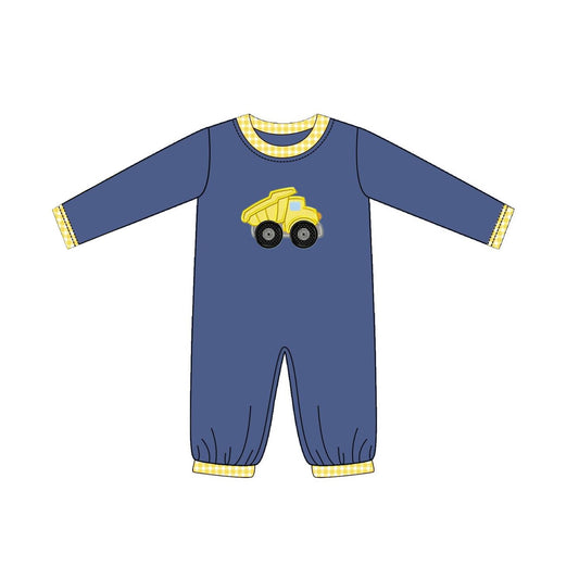 Preorder LR1803 Engineering car yellow plaid border blue long-sleeved onesie