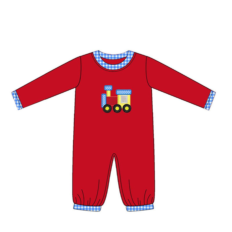 Preorder LR1804 Train blue checked red long-sleeved onesie