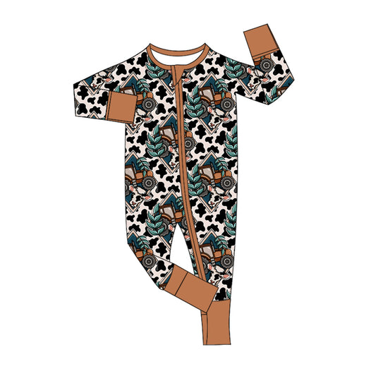 Preorder LR1807 Tractor cow brown zipper long-sleeved onesie