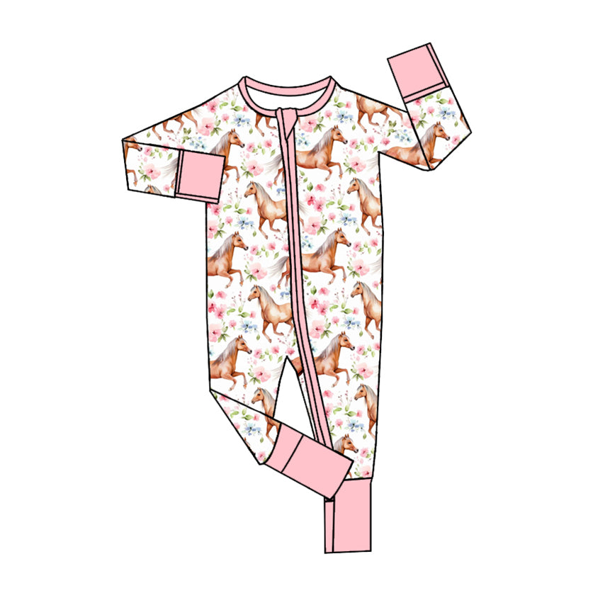 Preorder LR1808 Horse flower pink-and-white zip-up long-sleeved onesie