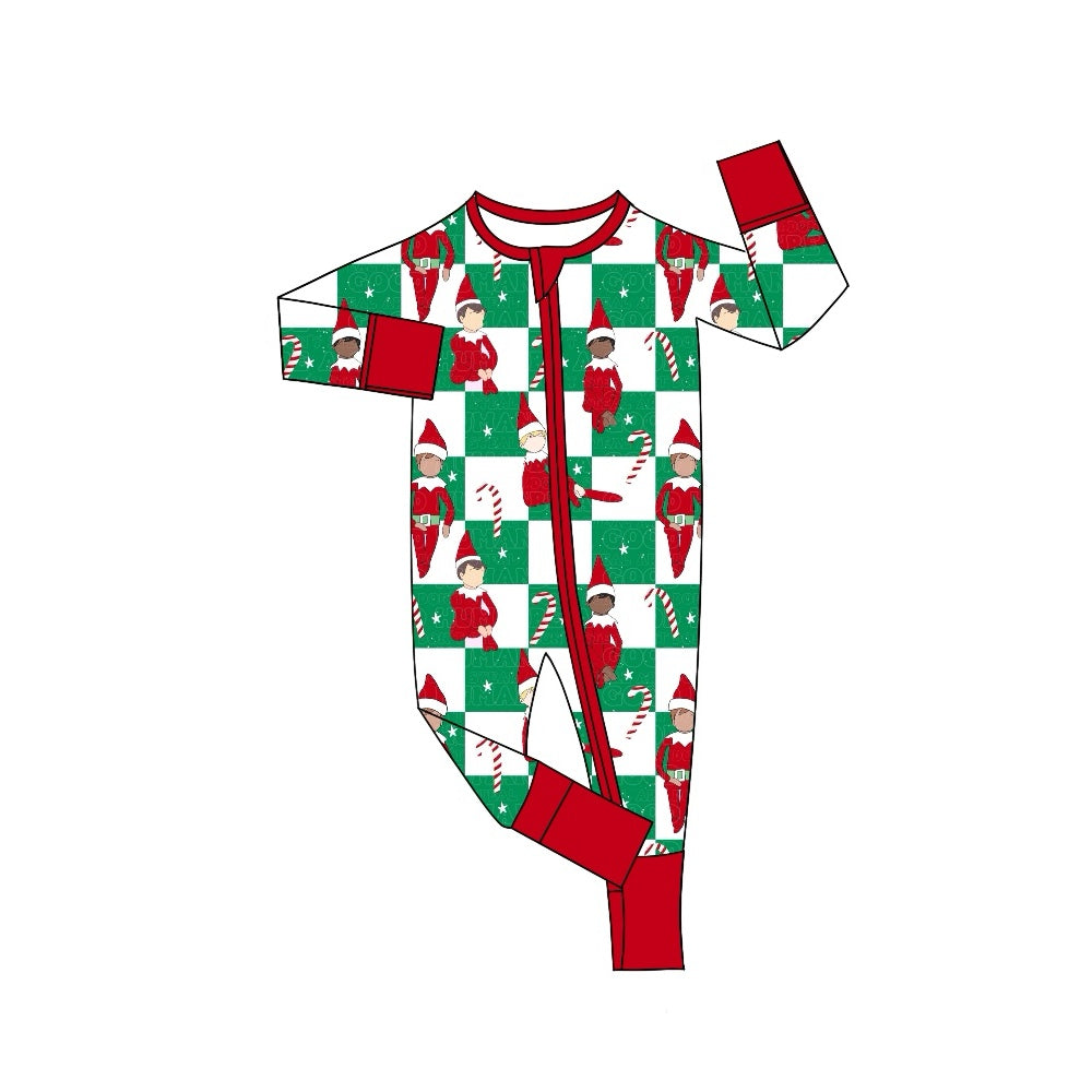 Preorder LR1817 Christmas elf Crutch green and white checkered zipper long-sleeved onesie