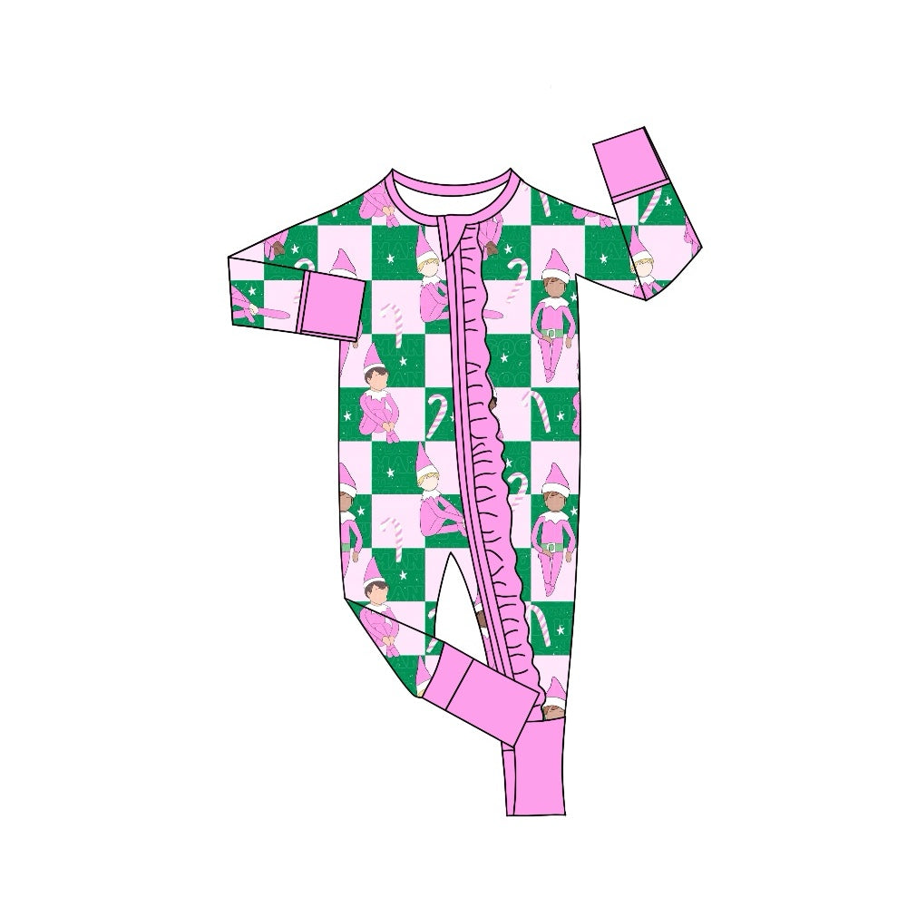 Preorder LR1818 Christmas Elf Crutch Lace green pink check zipper long-sleeved onesie