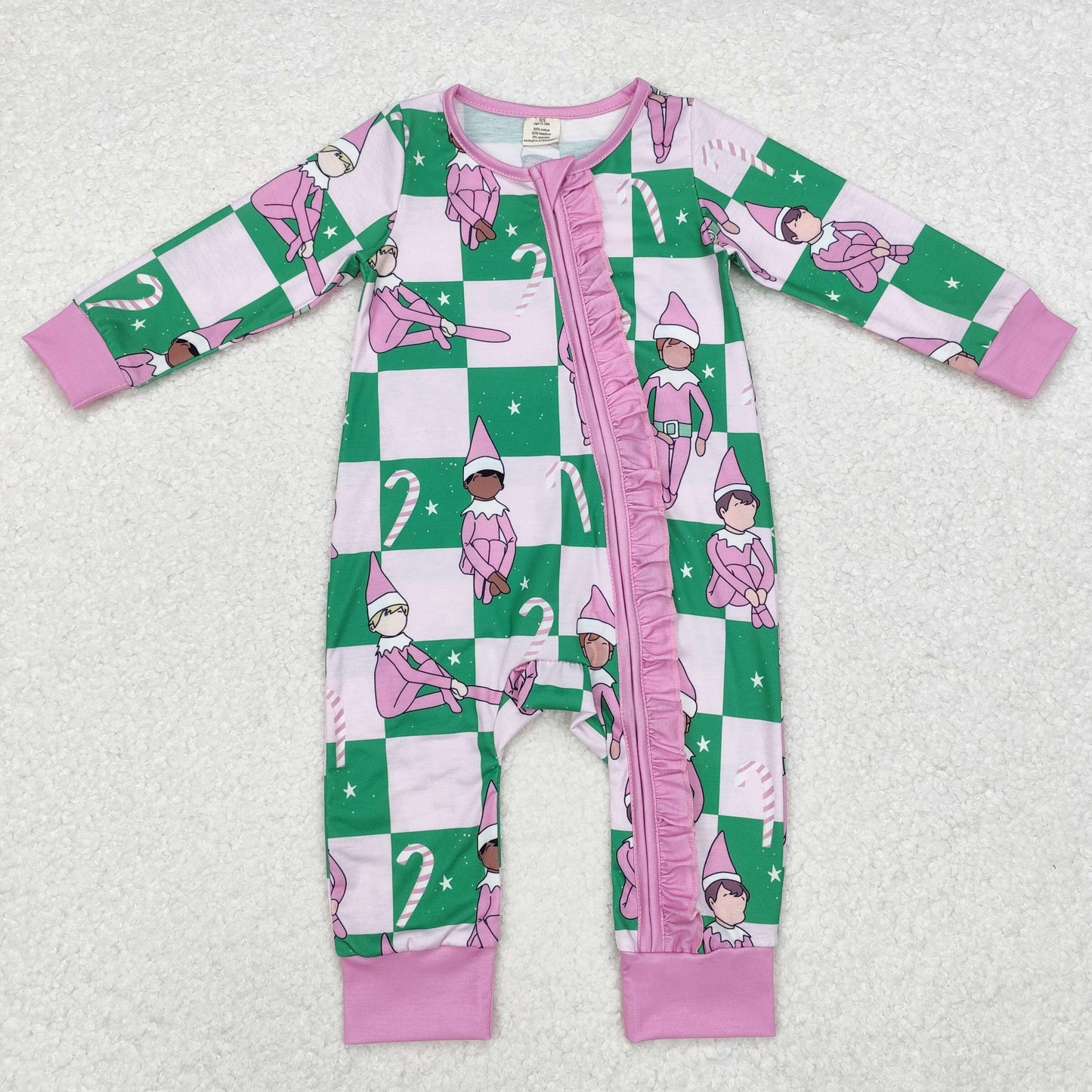 LR1818 Modal Christmas Elf Crutch Lace green pink check zipper long-sleeved onesie