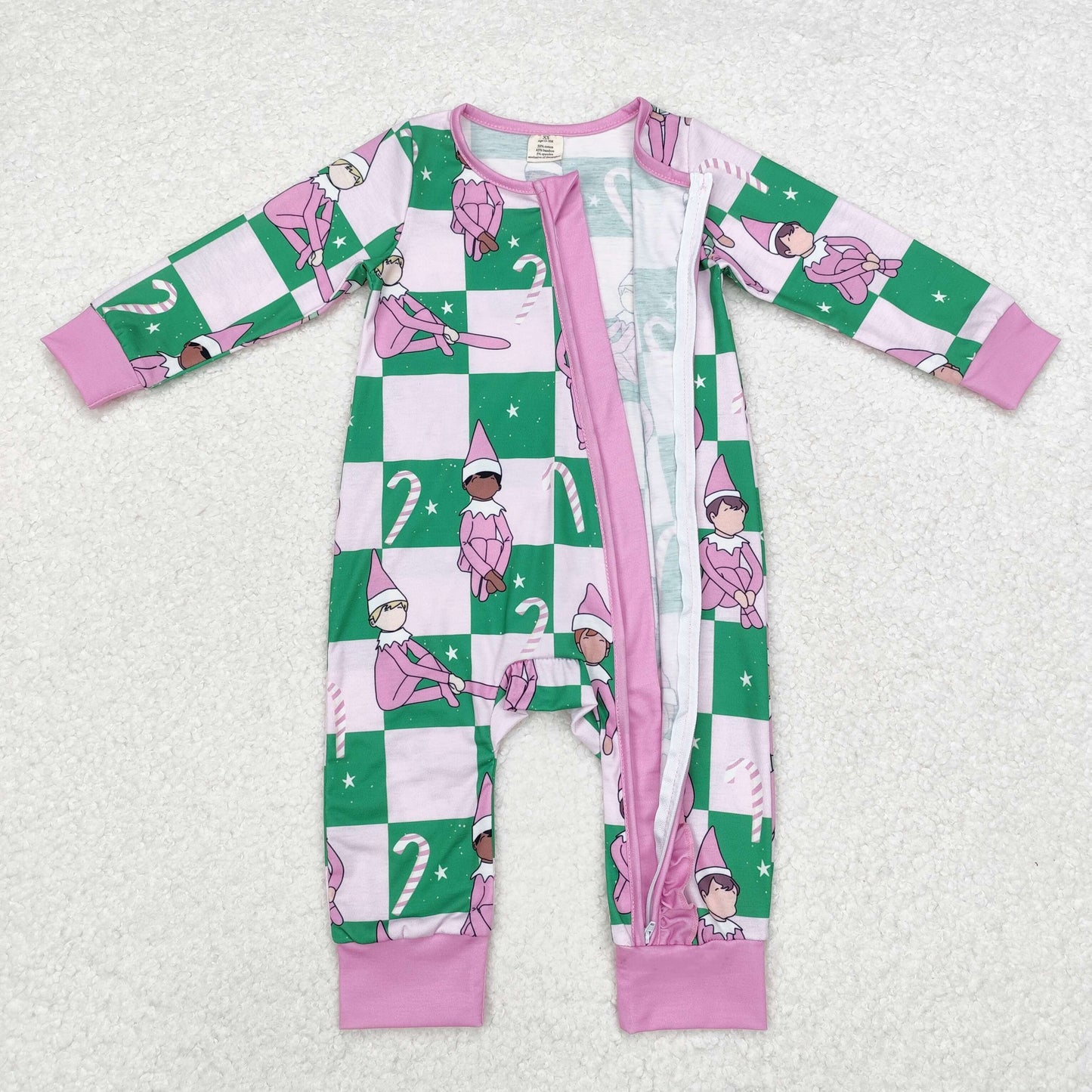 LR1818 Modal Christmas Elf Crutch Lace green pink check zipper long-sleeved onesie