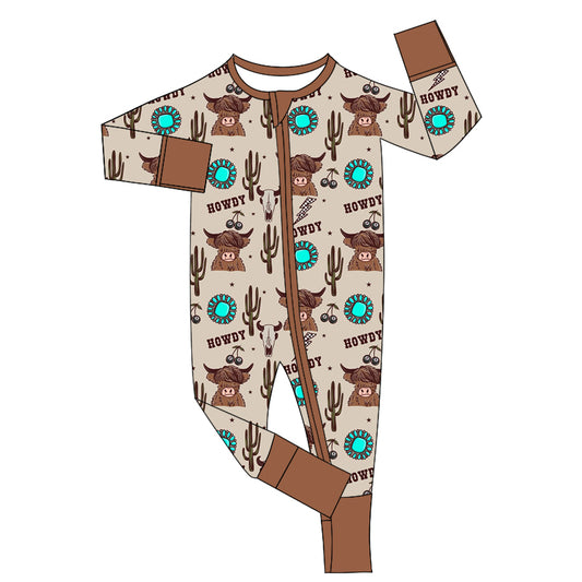 Preorder LR1821 howdy Gem Cactus Alpine Cow head brown zipper long sleeve onesie High quality wholesale