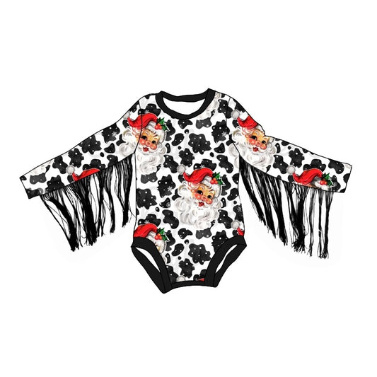 Preorder LR1827 Cow print Santa fringe black and white long sleeve onesie high quality wholesale