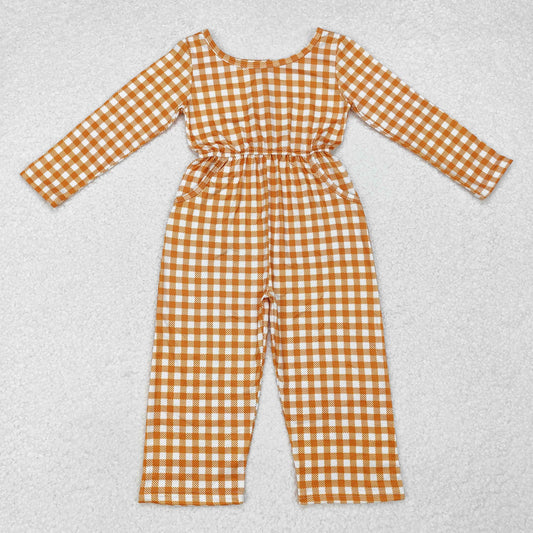 LR1840 Pocket orange plaid long-sleeved onesie new arrival