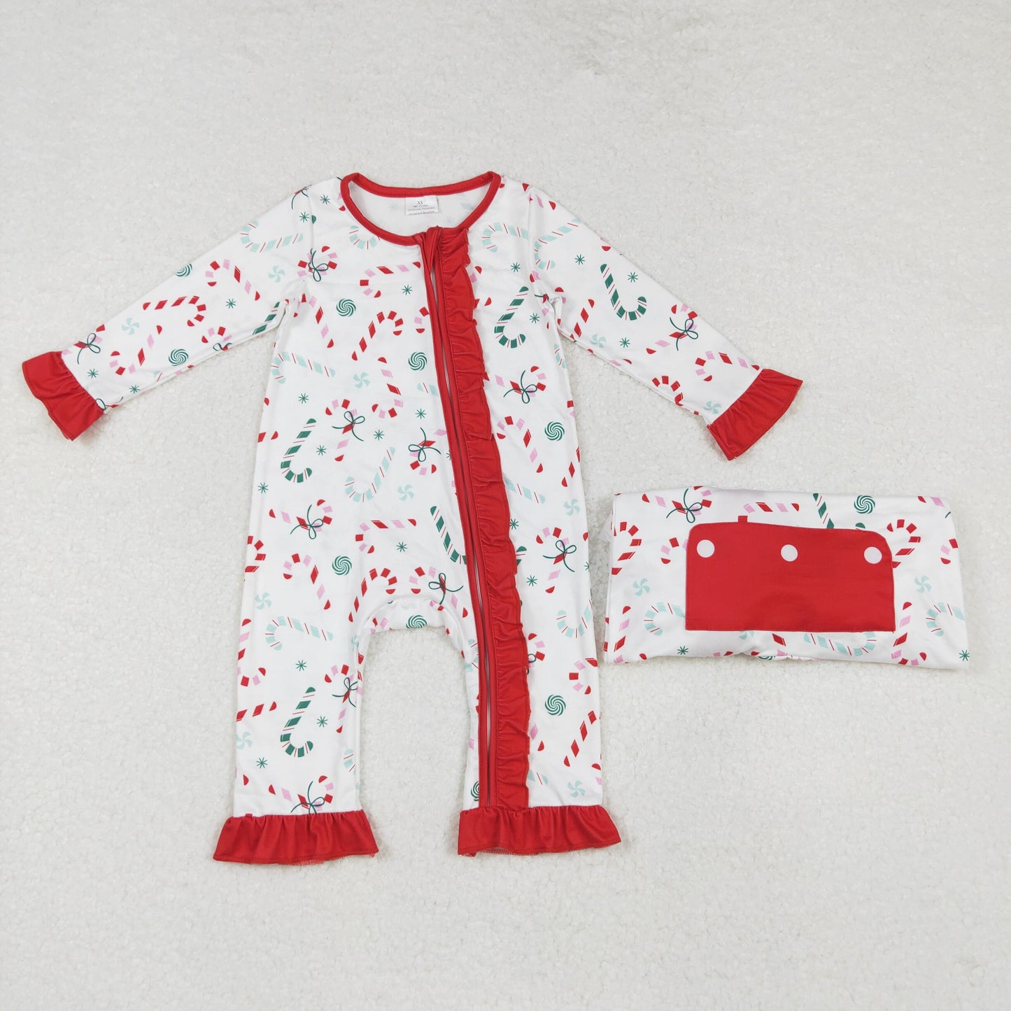 LR1842 Candy Cane red lace white zipper long-sleeved onesie New arrival