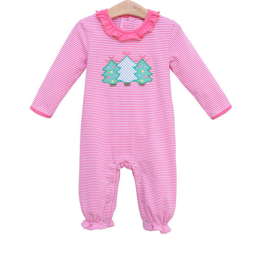 Preorder LR1850 Bow Christmas tree pink striped long-sleeved onesie