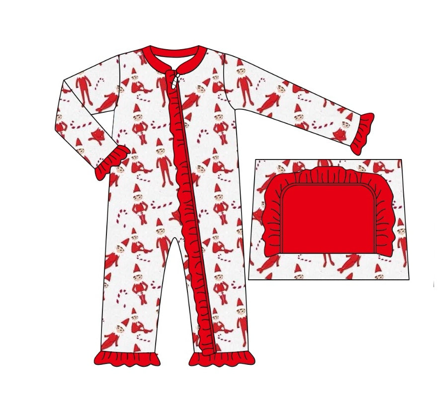 Preorder LR1851 Christmas Elf Crutch red lace zipper long-sleeved onesie