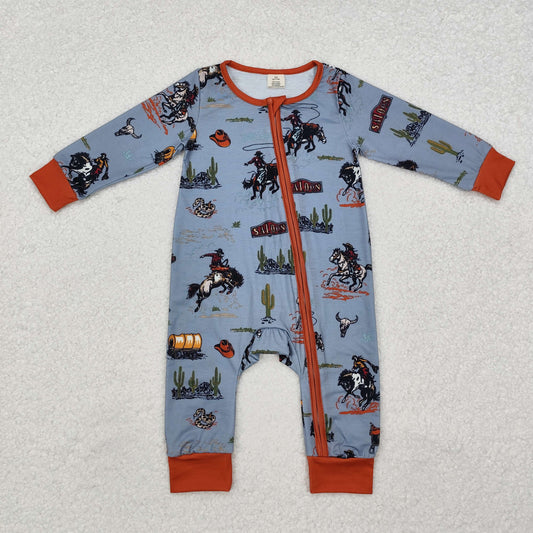 LR1858 Bamboo Pajamas Cowboy Riding Cactus Gray Blue Zipper Long-Sleeved Boys Romper RTS 202509