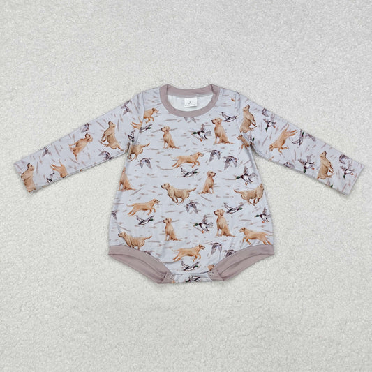 LR1865 Puppy Duck Hunting Gray Long Sleeve Boys Bubble Romper RTS 202509